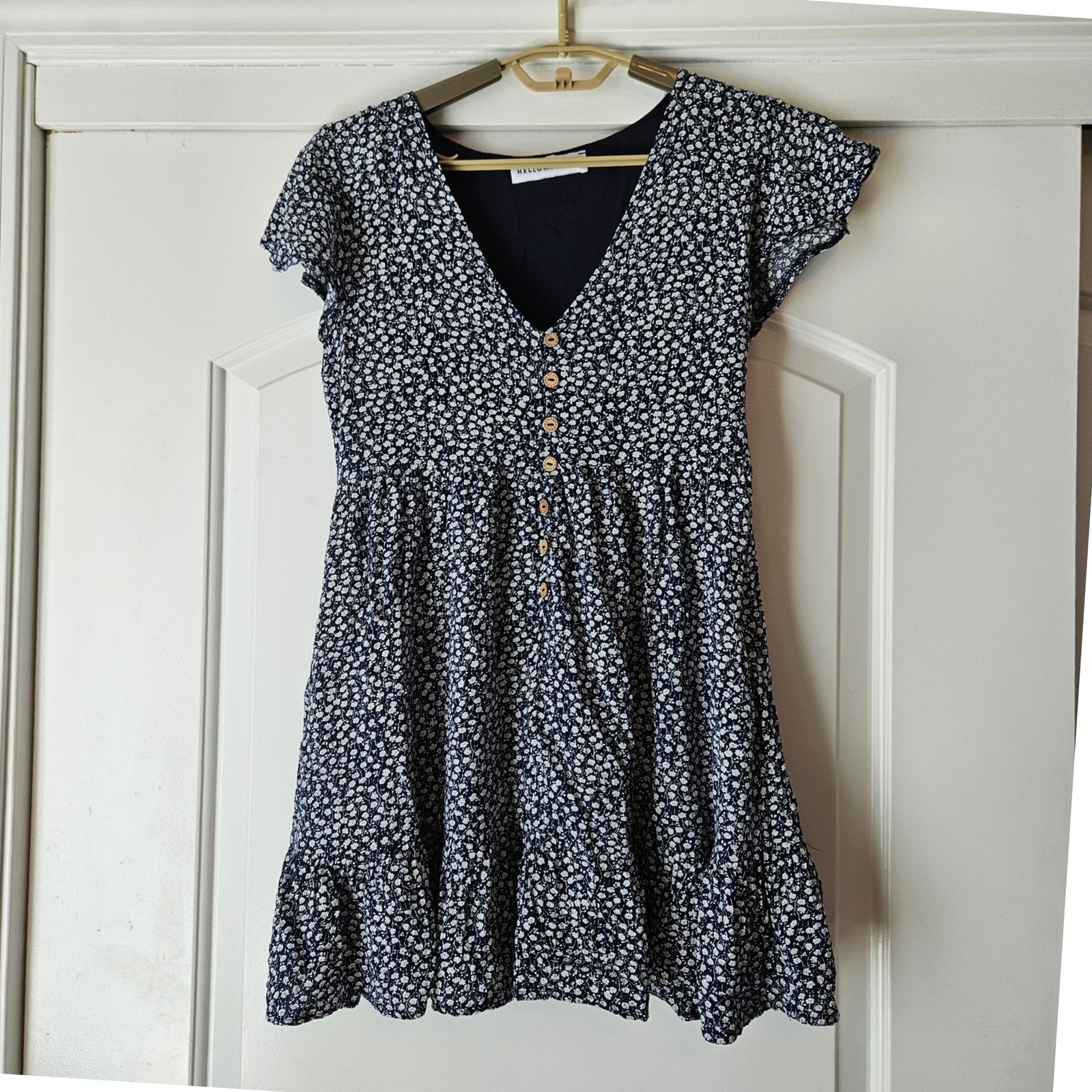 Hello Molly Mini Dress Size Large Navy Blue Floral V-Neck Sundress Tiered Summer